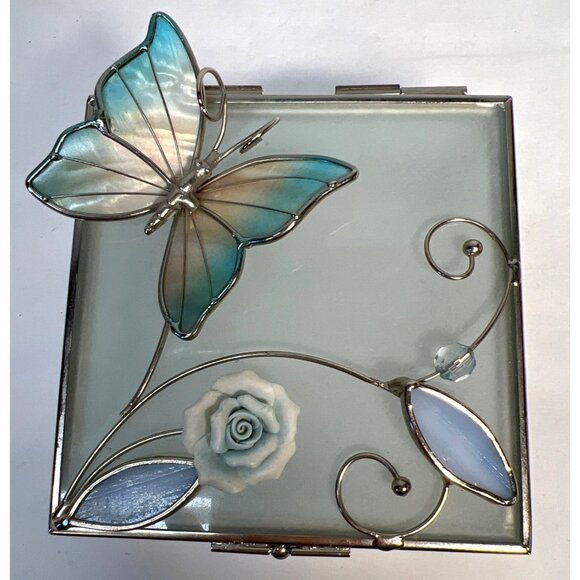 Decorative Square Glass Jewelry Box With Butterfly & Flower Design - Picture 2 of 4